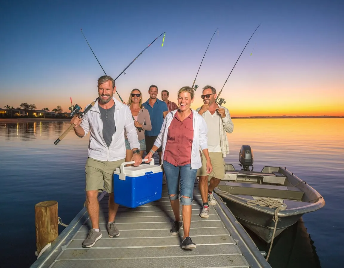a group walking down a pontoon at dusk carrying rods and an esky