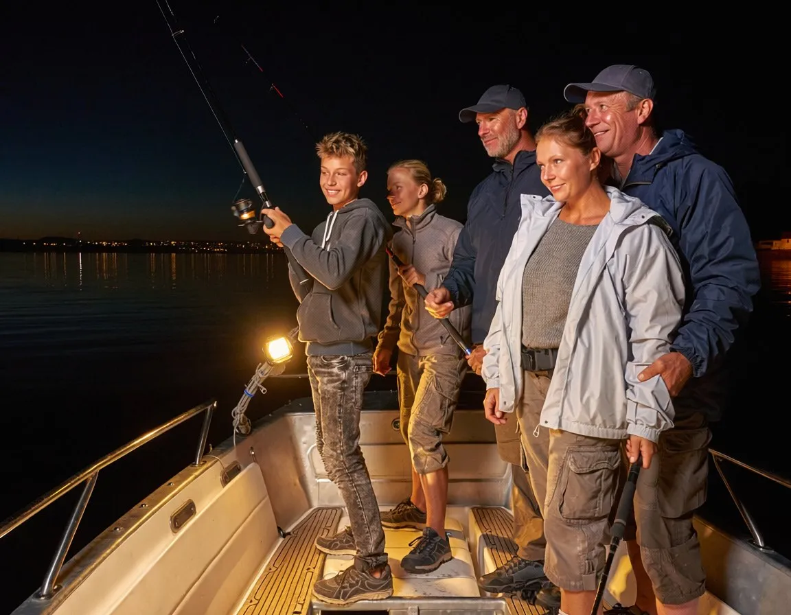 a family fishing together from a small boat at night