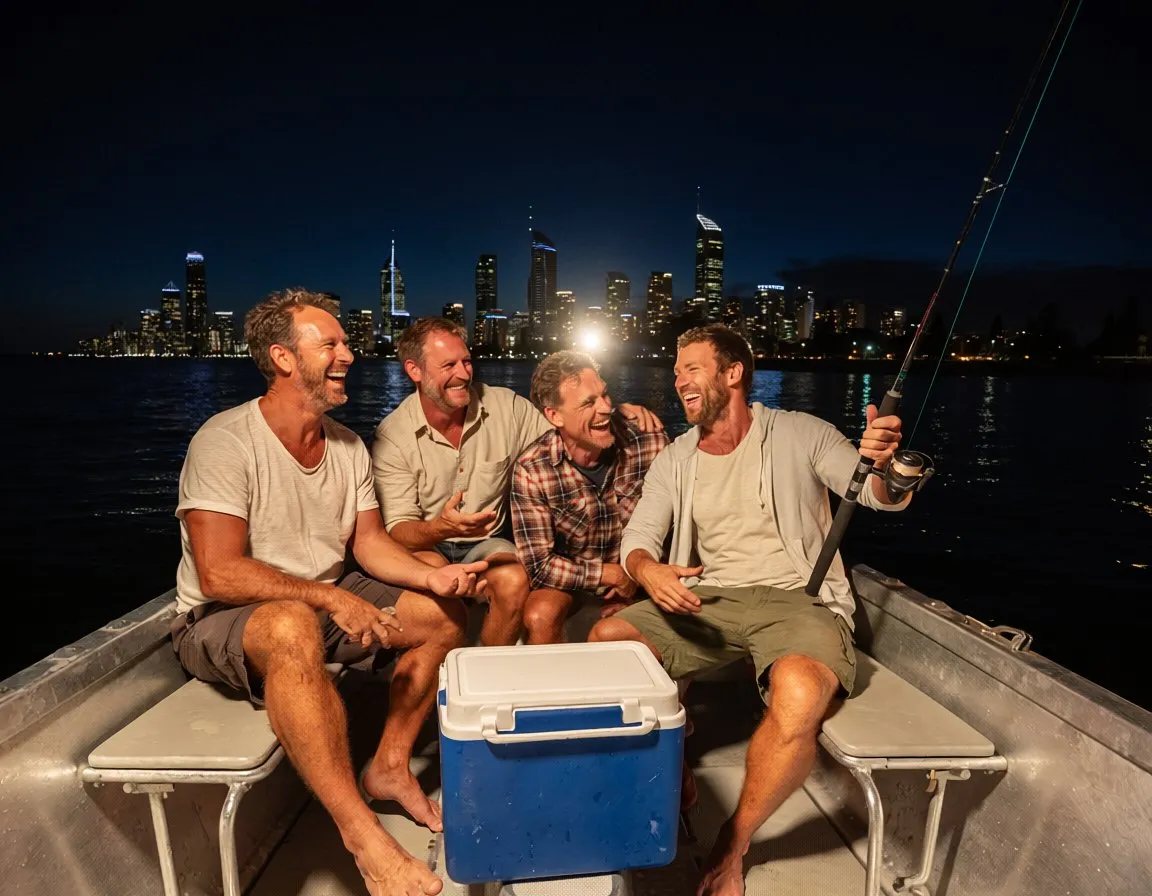a group of friends on a boat at night, city lights behind them